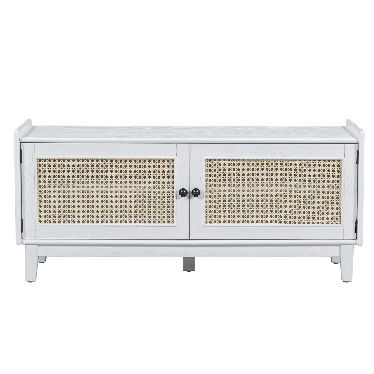 TREXM Boho Rattan Entryway Bench with Storage, Cushioned Shoe Bench with Double Doors, Wooden Shoe Organizer Bench for Entryway and Hallway (White+Beige ) - 1st Choice Furniture Direct