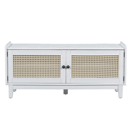 TREXM Boho Rattan Entryway Bench with Storage, Cushioned Shoe Bench with Double Doors, Wooden Shoe Organizer Bench for Entryway and Hallway (White+Beige ) - 1st Choice Furniture Direct