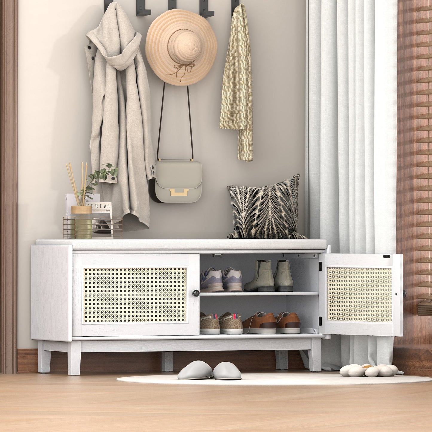 TREXM Boho Rattan Entryway Bench with Storage, Cushioned Shoe Bench with Double Doors, Wooden Shoe Organizer Bench for Entryway and Hallway (White+Beige ) - 1st Choice Furniture Direct