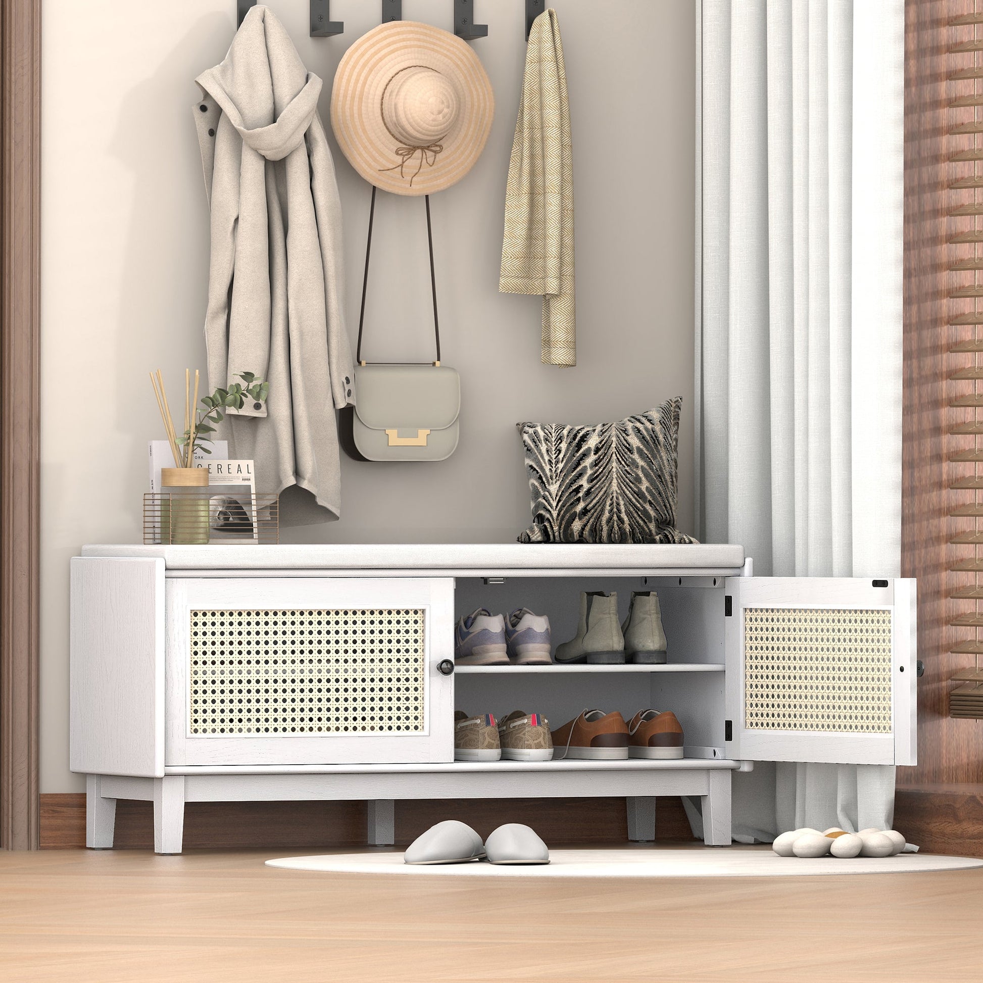 TREXM Boho Rattan Entryway Bench with Storage, Cushioned Shoe Bench with Double Doors, Wooden Shoe Organizer Bench for Entryway and Hallway (White+Beige ) - 1st Choice Furniture Direct