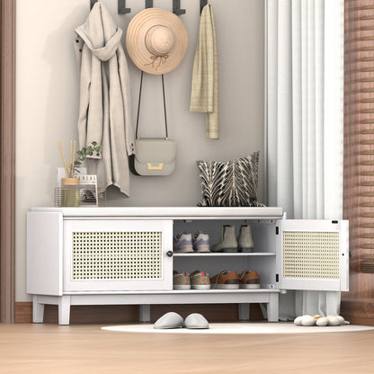 TREXM Boho Rattan Entryway Bench with Storage, Cushioned Shoe Bench with Double Doors, Wooden Shoe Organizer Bench for Entryway and Hallway (White+Beige ) - 1st Choice Furniture Direct