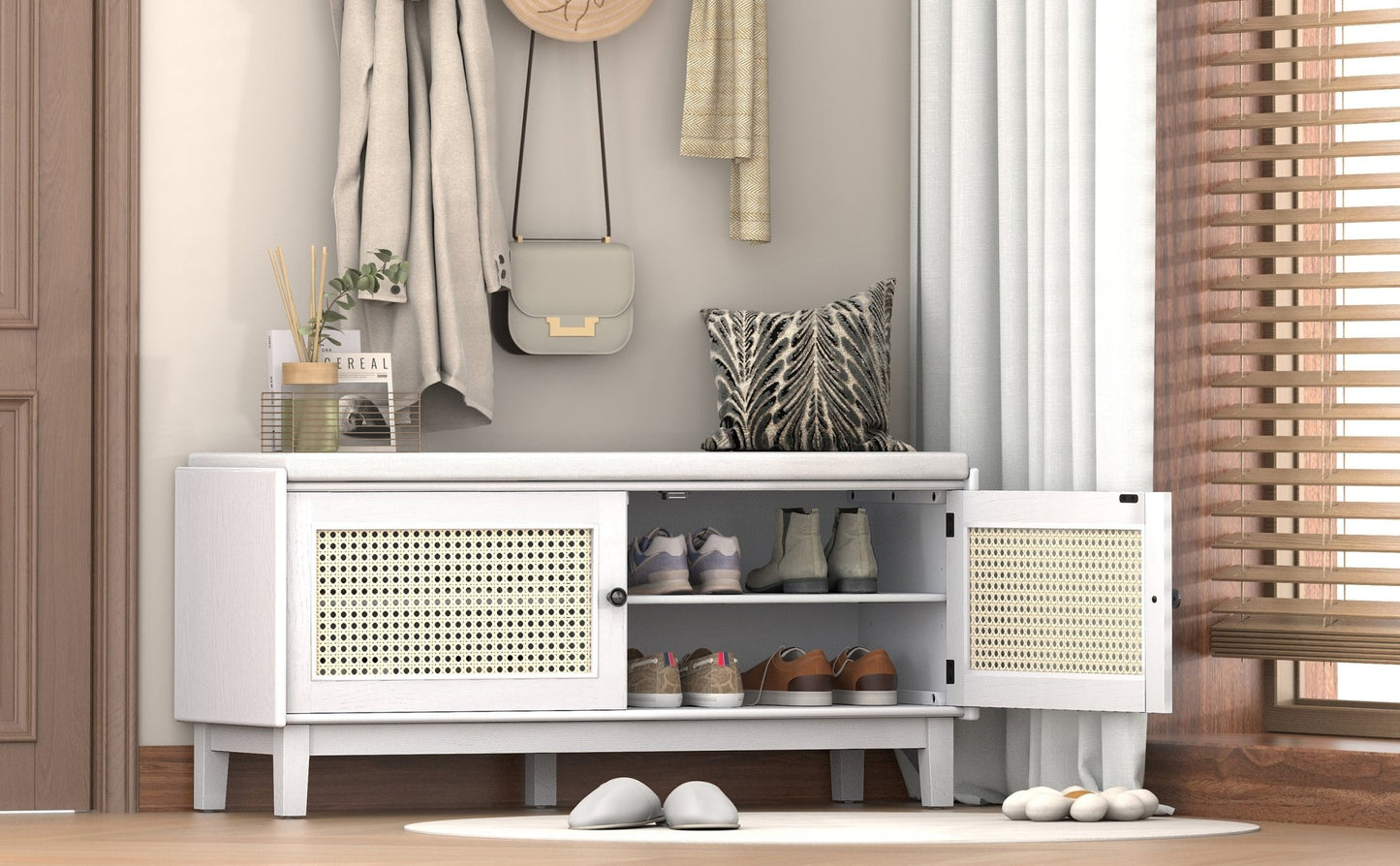 TREXM Boho Rattan Entryway Bench with Storage, Cushioned Shoe Bench with Double Doors, Wooden Shoe Organizer Bench for Entryway and Hallway (White+Beige ) - 1st Choice Furniture Direct