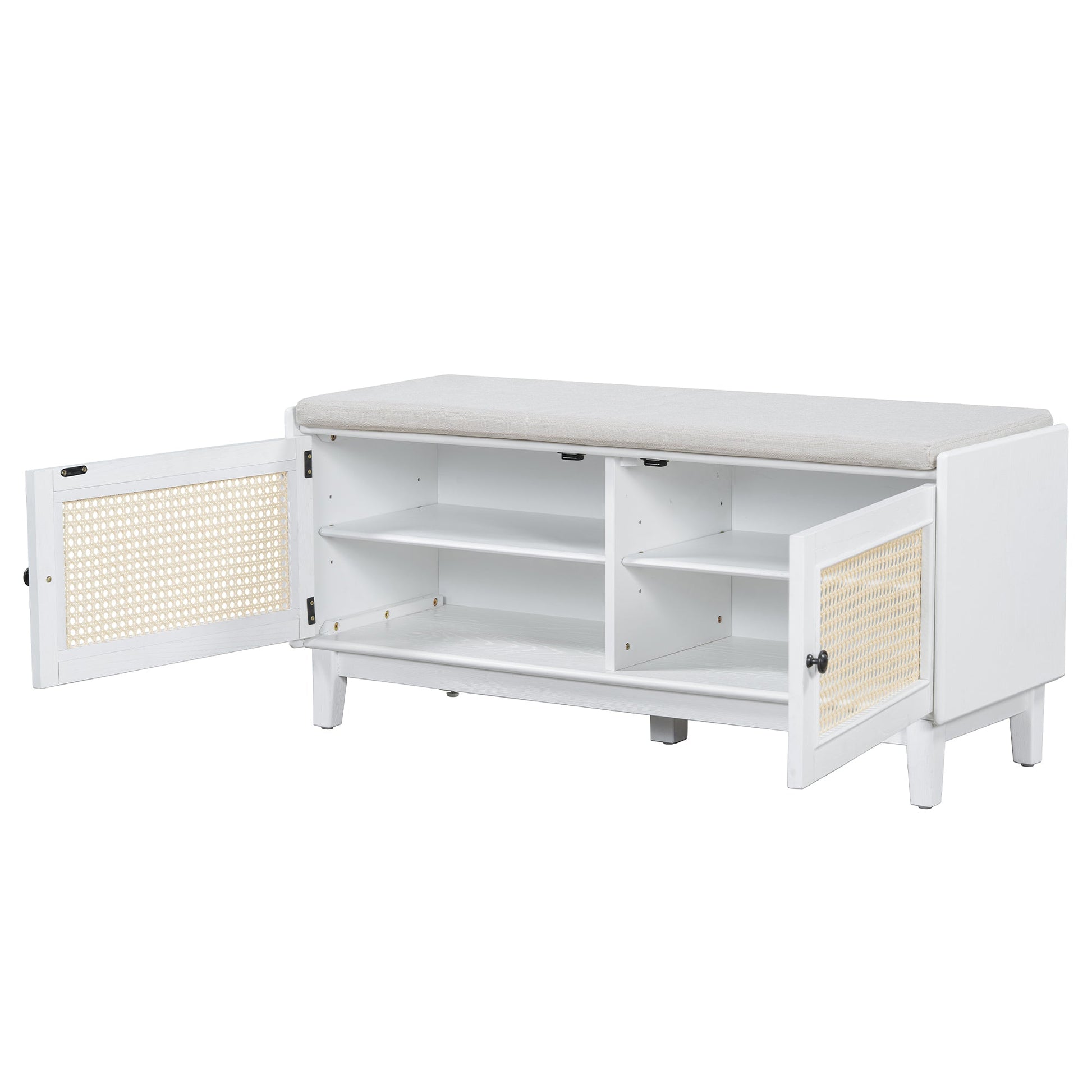 TREXM Boho Rattan Entryway Bench with Storage, Cushioned Shoe Bench with Double Doors, Wooden Shoe Organizer Bench for Entryway and Hallway (White+Beige ) - 1st Choice Furniture Direct