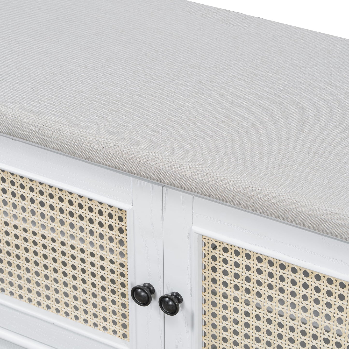 TREXM Boho Rattan Entryway Bench with Storage, Cushioned Shoe Bench with Double Doors, Wooden Shoe Organizer Bench for Entryway and Hallway (White+Beige ) - 1st Choice Furniture Direct