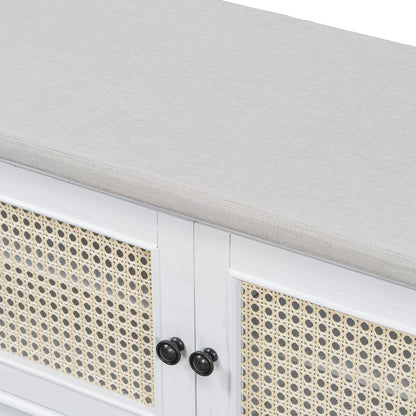 TREXM Boho Rattan Entryway Bench with Storage, Cushioned Shoe Bench with Double Doors, Wooden Shoe Organizer Bench for Entryway and Hallway (White+Beige ) - 1st Choice Furniture Direct