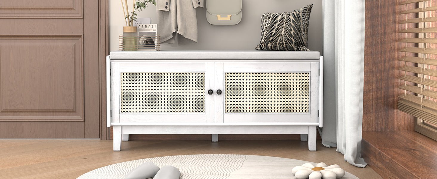 TREXM Boho Rattan Entryway Bench with Storage, Cushioned Shoe Bench with Double Doors, Wooden Shoe Organizer Bench for Entryway and Hallway (White+Beige ) - 1st Choice Furniture Direct
