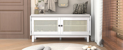 TREXM Boho Rattan Entryway Bench with Storage, Cushioned Shoe Bench with Double Doors, Wooden Shoe Organizer Bench for Entryway and Hallway (White+Beige ) - 1st Choice Furniture Direct