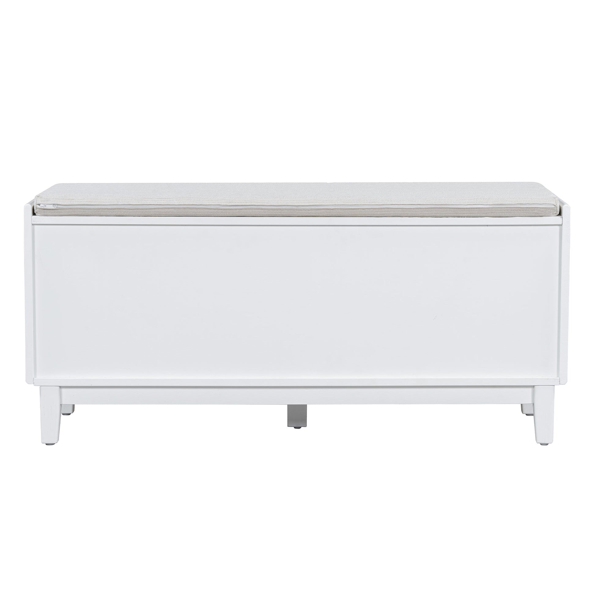 TREXM Boho Rattan Entryway Bench with Storage, Cushioned Shoe Bench with Double Doors, Wooden Shoe Organizer Bench for Entryway and Hallway (White+Beige ) - 1st Choice Furniture Direct