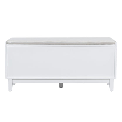 TREXM Boho Rattan Entryway Bench with Storage, Cushioned Shoe Bench with Double Doors, Wooden Shoe Organizer Bench for Entryway and Hallway (White+Beige ) - 1st Choice Furniture Direct