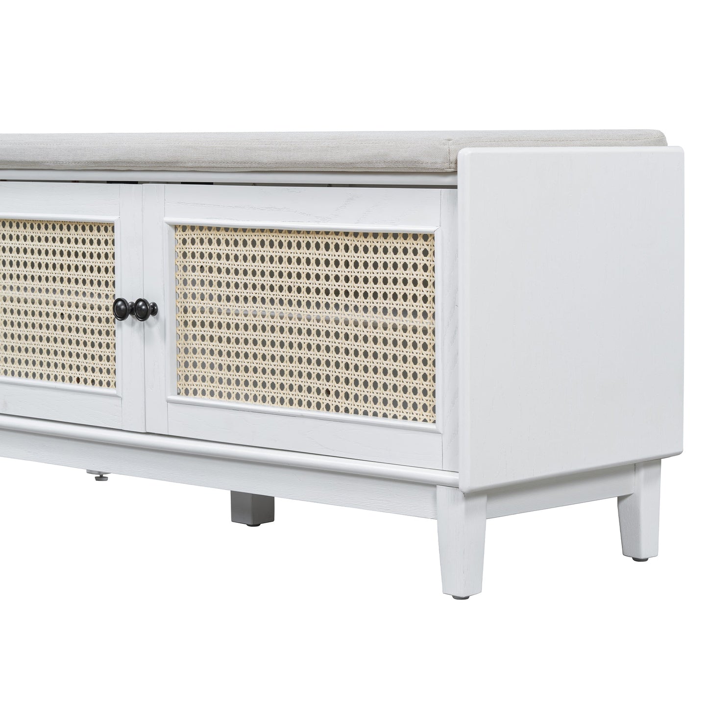 TREXM Boho Rattan Entryway Bench with Storage, Cushioned Shoe Bench with Double Doors, Wooden Shoe Organizer Bench for Entryway and Hallway (White+Beige ) - 1st Choice Furniture Direct
