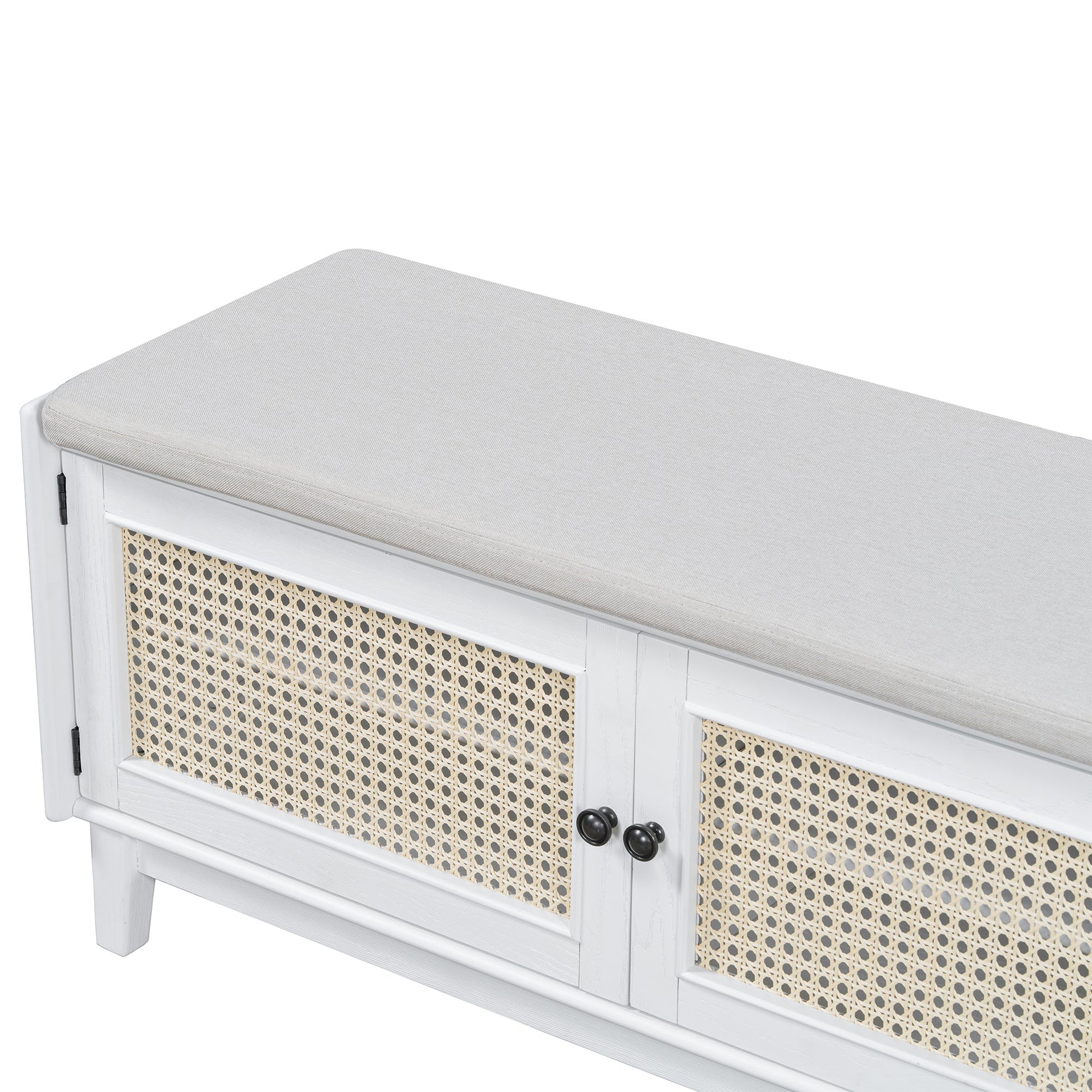 TREXM Boho Rattan Entryway Bench with Storage, Cushioned Shoe Bench with Double Doors, Wooden Shoe Organizer Bench for Entryway and Hallway (White+Beige ) - 1st Choice Furniture Direct
