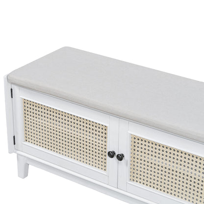 TREXM Boho Rattan Entryway Bench with Storage, Cushioned Shoe Bench with Double Doors, Wooden Shoe Organizer Bench for Entryway and Hallway (White+Beige ) - 1st Choice Furniture Direct