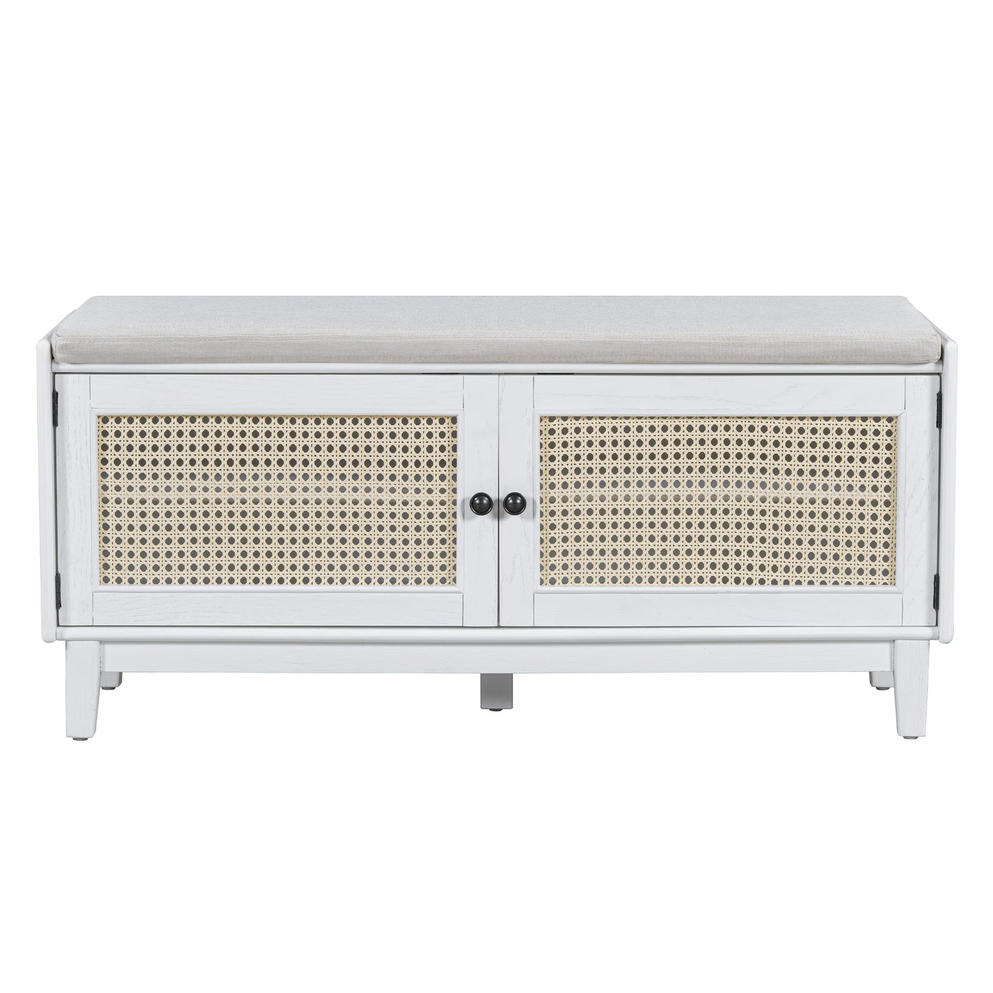 TREXM Boho Rattan Entryway Bench with Storage, Cushioned Shoe Bench with Double Doors, Wooden Shoe Organizer Bench for Entryway and Hallway (White+Beige ) - 1st Choice Furniture Direct