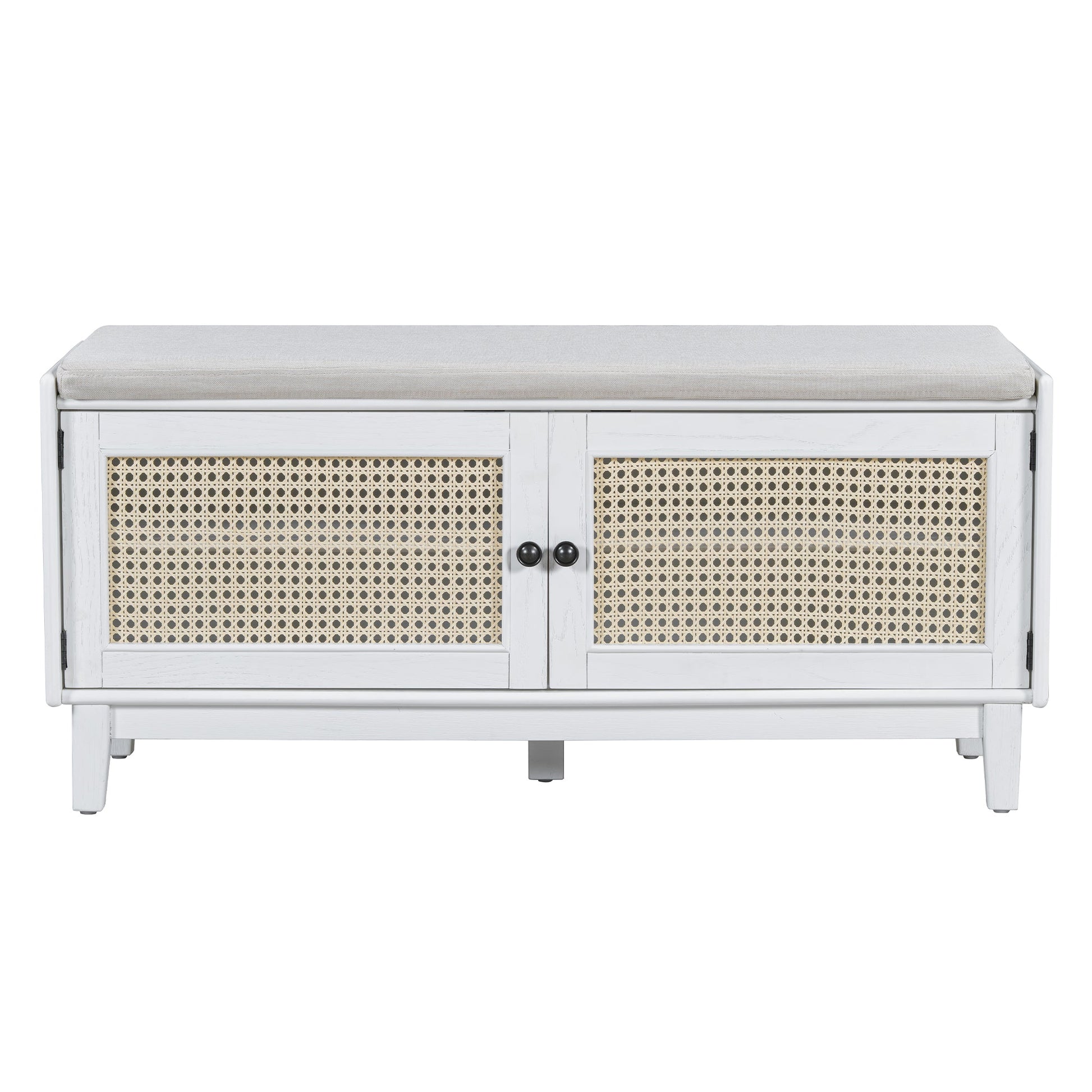TREXM Boho Rattan Entryway Bench with Storage, Cushioned Shoe Bench with Double Doors, Wooden Shoe Organizer Bench for Entryway and Hallway (White+Beige ) - 1st Choice Furniture Direct