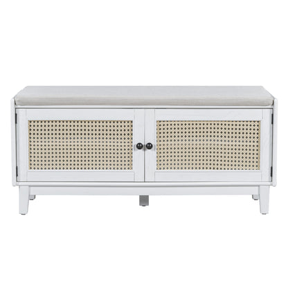 TREXM Boho Rattan Entryway Bench with Storage, Cushioned Shoe Bench with Double Doors, Wooden Shoe Organizer Bench for Entryway and Hallway (White+Beige ) - 1st Choice Furniture Direct