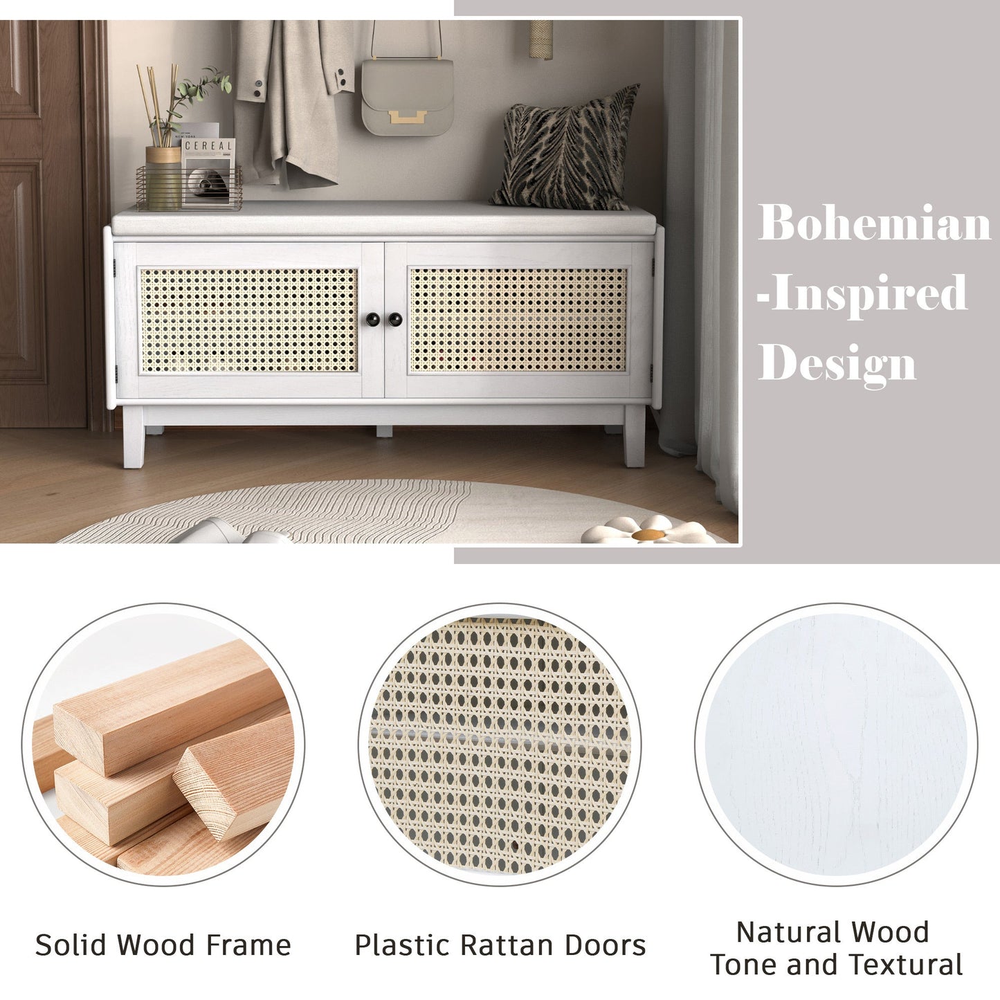 TREXM Boho Rattan Entryway Bench with Storage, Cushioned Shoe Bench with Double Doors, Wooden Shoe Organizer Bench for Entryway and Hallway (White+Beige ) - 1st Choice Furniture Direct