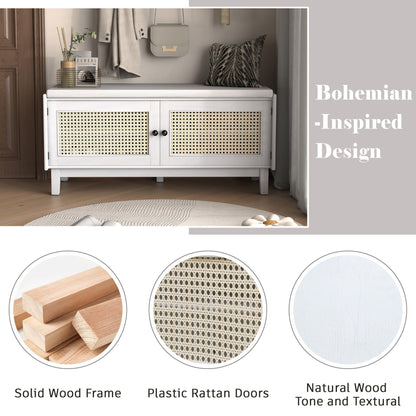 TREXM Boho Rattan Entryway Bench with Storage, Cushioned Shoe Bench with Double Doors, Wooden Shoe Organizer Bench for Entryway and Hallway (White+Beige ) - 1st Choice Furniture Direct