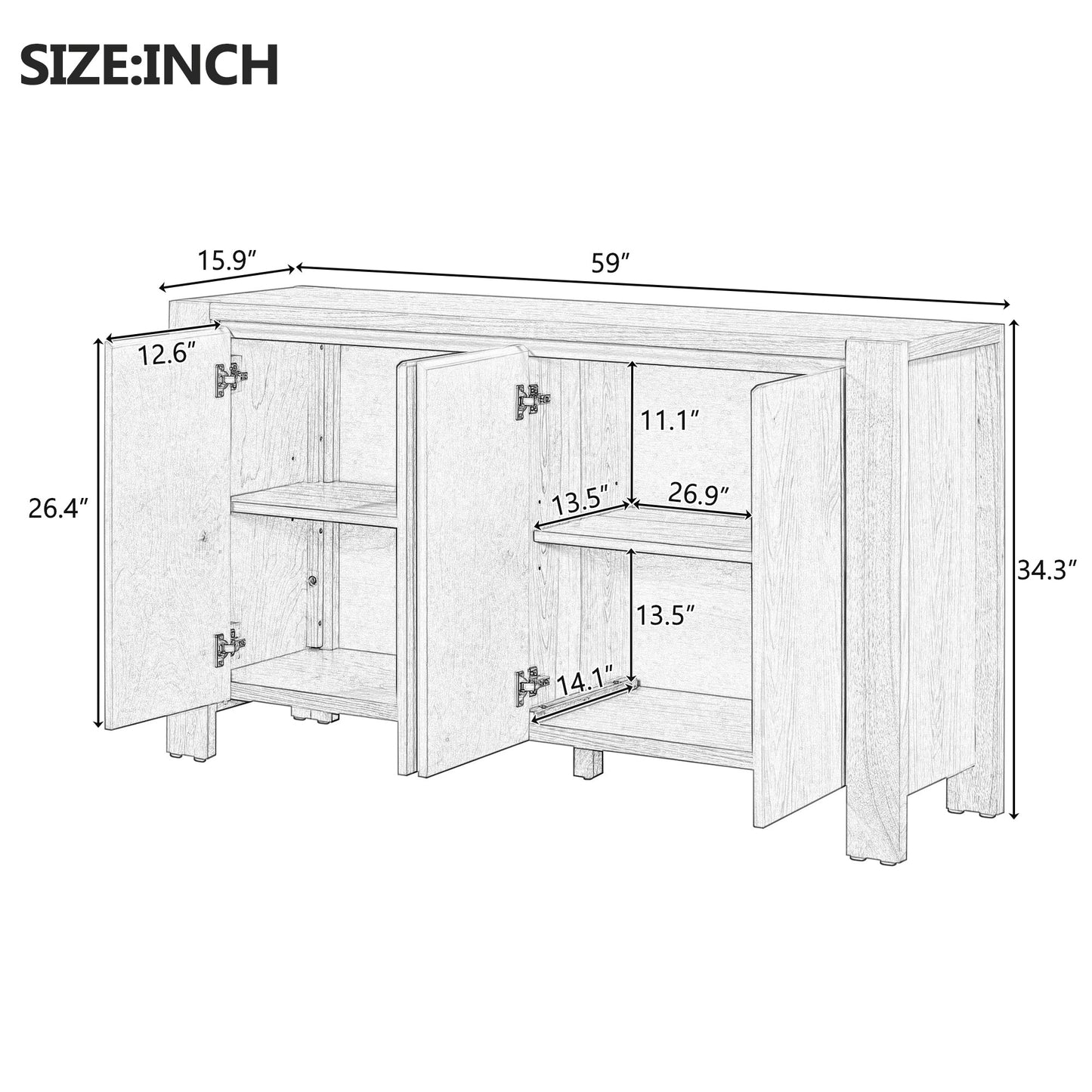 TREXM Buffet Cabinet with Storage, 4 - Door Retro Wood Sideboard with Distressed Finish and Adjustable Shelves for Dining Room, Kitchen, and Living Room (Natural) - 1st Choice Furniture Direct