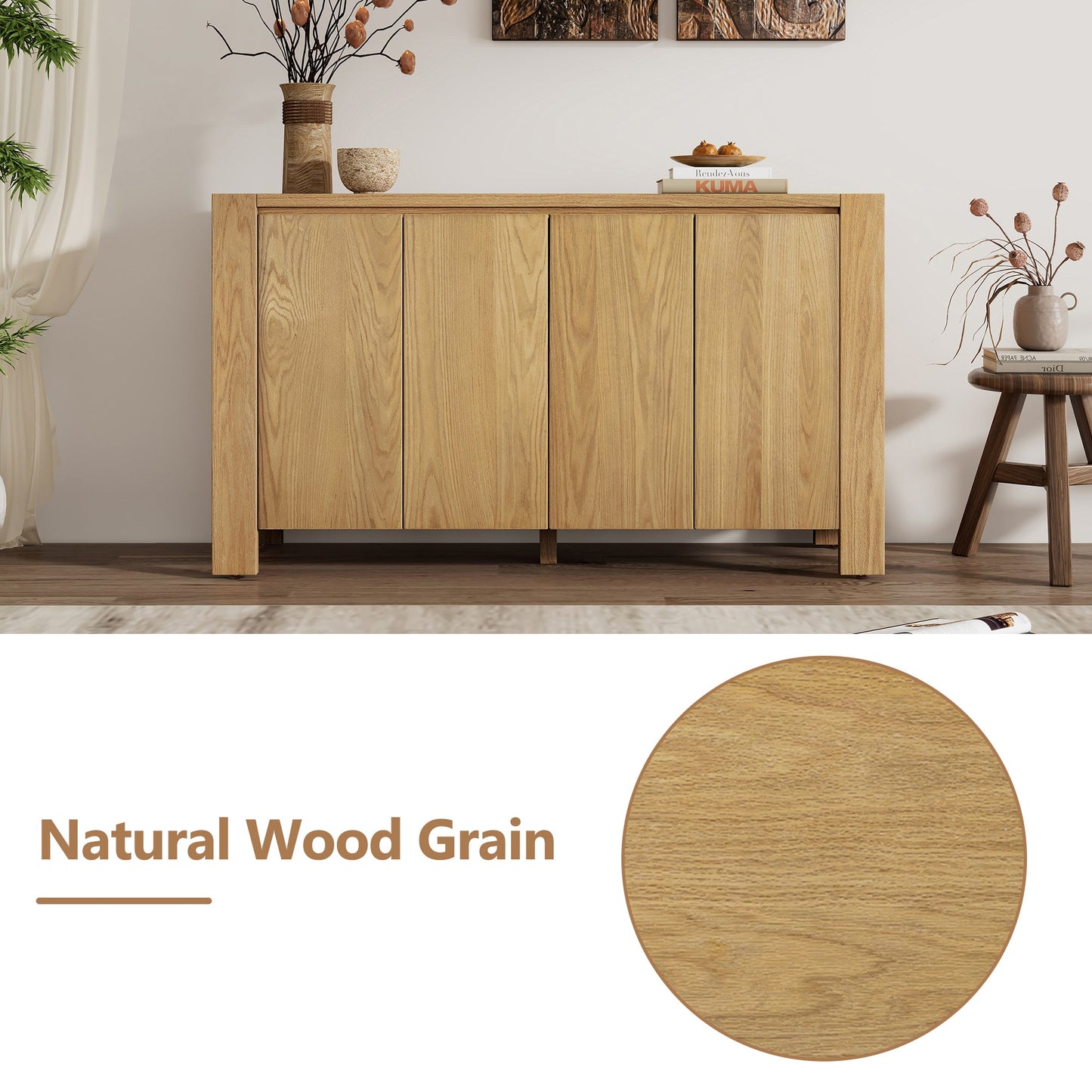 TREXM Buffet Cabinet with Storage, 4 - Door Retro Wood Sideboard with Distressed Finish and Adjustable Shelves for Dining Room, Kitchen, and Living Room (Natural) - 1st Choice Furniture Direct