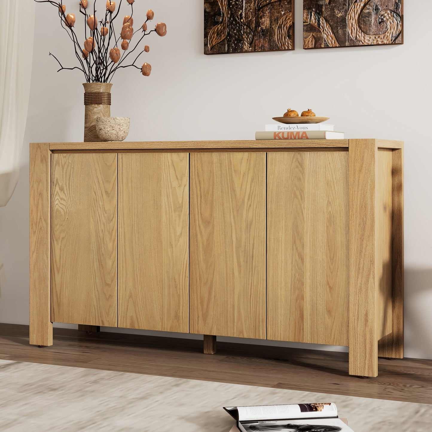 TREXM Buffet Cabinet with Storage, 4 - Door Retro Wood Sideboard with Distressed Finish and Adjustable Shelves for Dining Room, Kitchen, and Living Room (Natural) - 1st Choice Furniture Direct