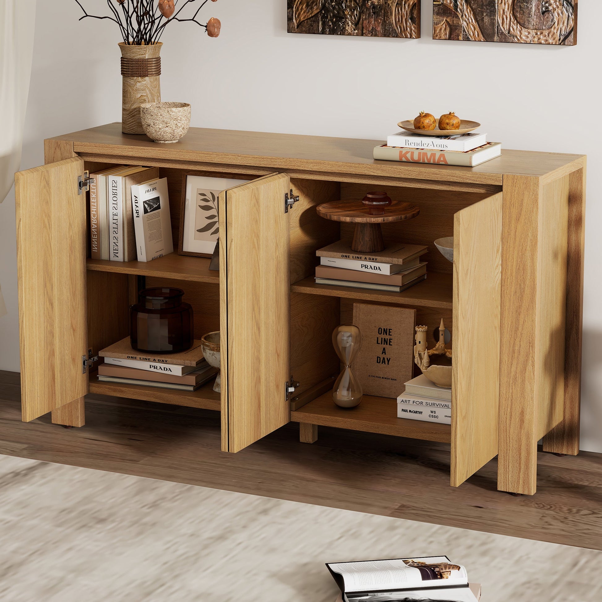 TREXM Buffet Cabinet with Storage, 4 - Door Retro Wood Sideboard with Distressed Finish and Adjustable Shelves for Dining Room, Kitchen, and Living Room (Natural) - 1st Choice Furniture Direct