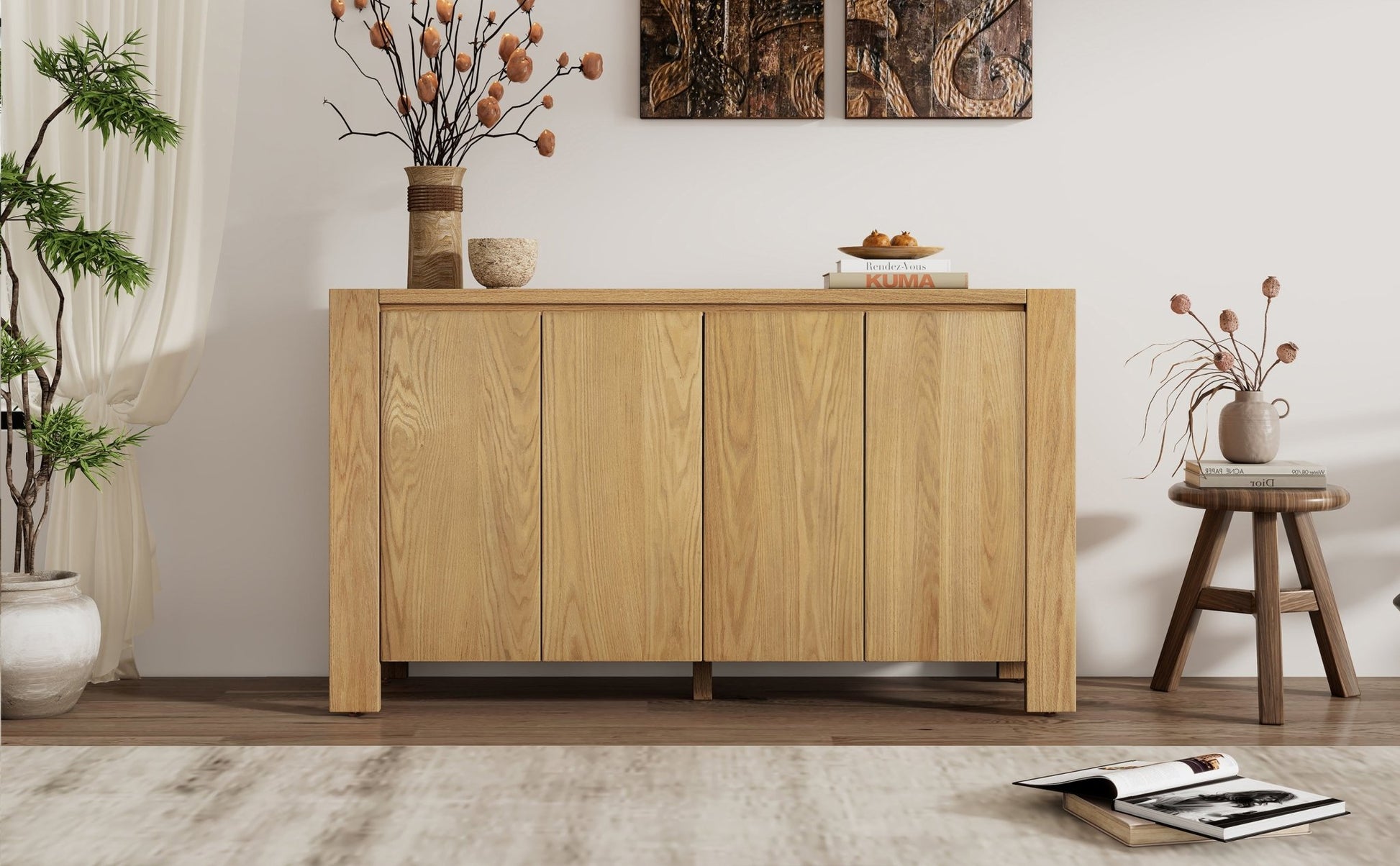 TREXM Buffet Cabinet with Storage, 4 - Door Retro Wood Sideboard with Distressed Finish and Adjustable Shelves for Dining Room, Kitchen, and Living Room (Natural) - 1st Choice Furniture Direct