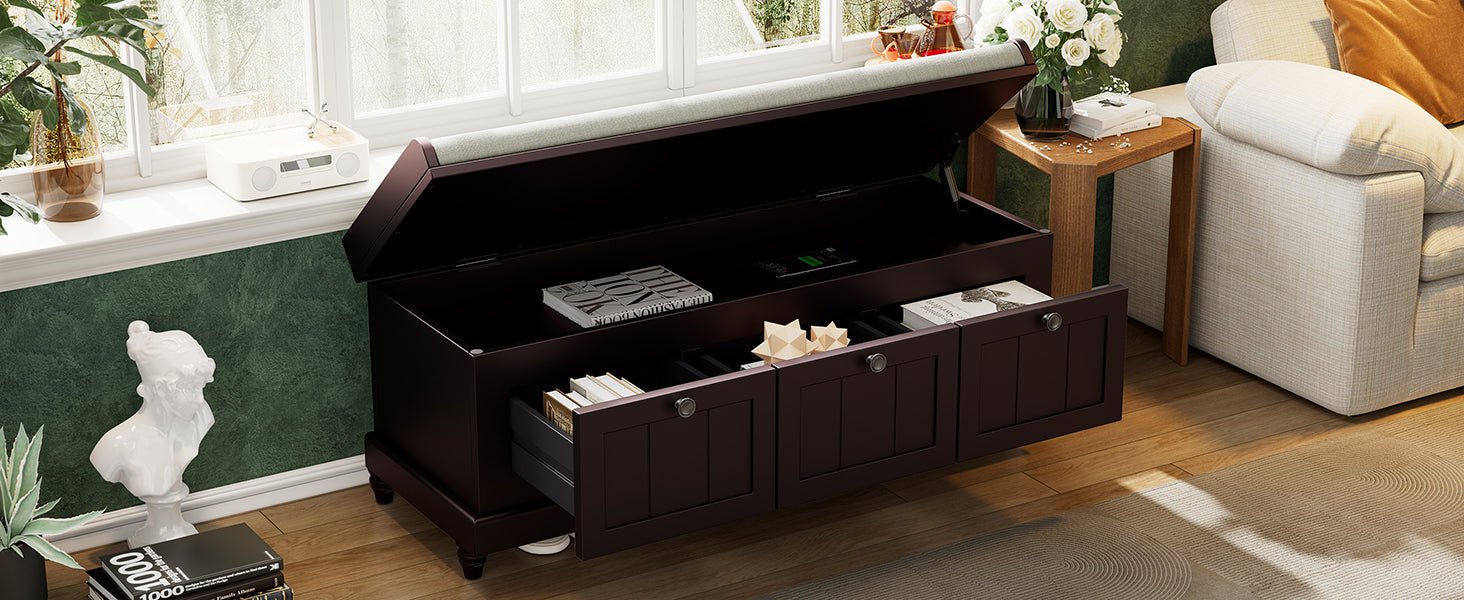 TREXM Classic Shoe Bench with Cushion and Three Drawers, Fluted Entryway Bench with Storage for Living Room, Entryway, and Hallways (Espresso, OLD SKU:N715P207812P ) - 1st Choice Furniture Direct