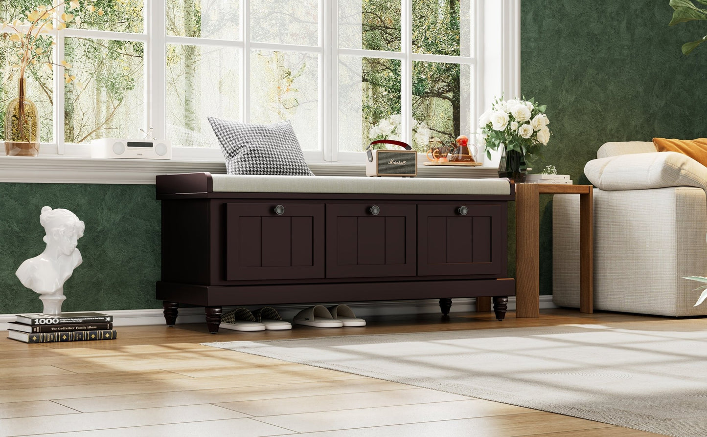 TREXM Classic Shoe Bench with Cushion and Three Drawers, Fluted Entryway Bench with Storage for Living Room, Entryway, and Hallways (Espresso, OLD SKU:N715P207812P ) - 1st Choice Furniture Direct