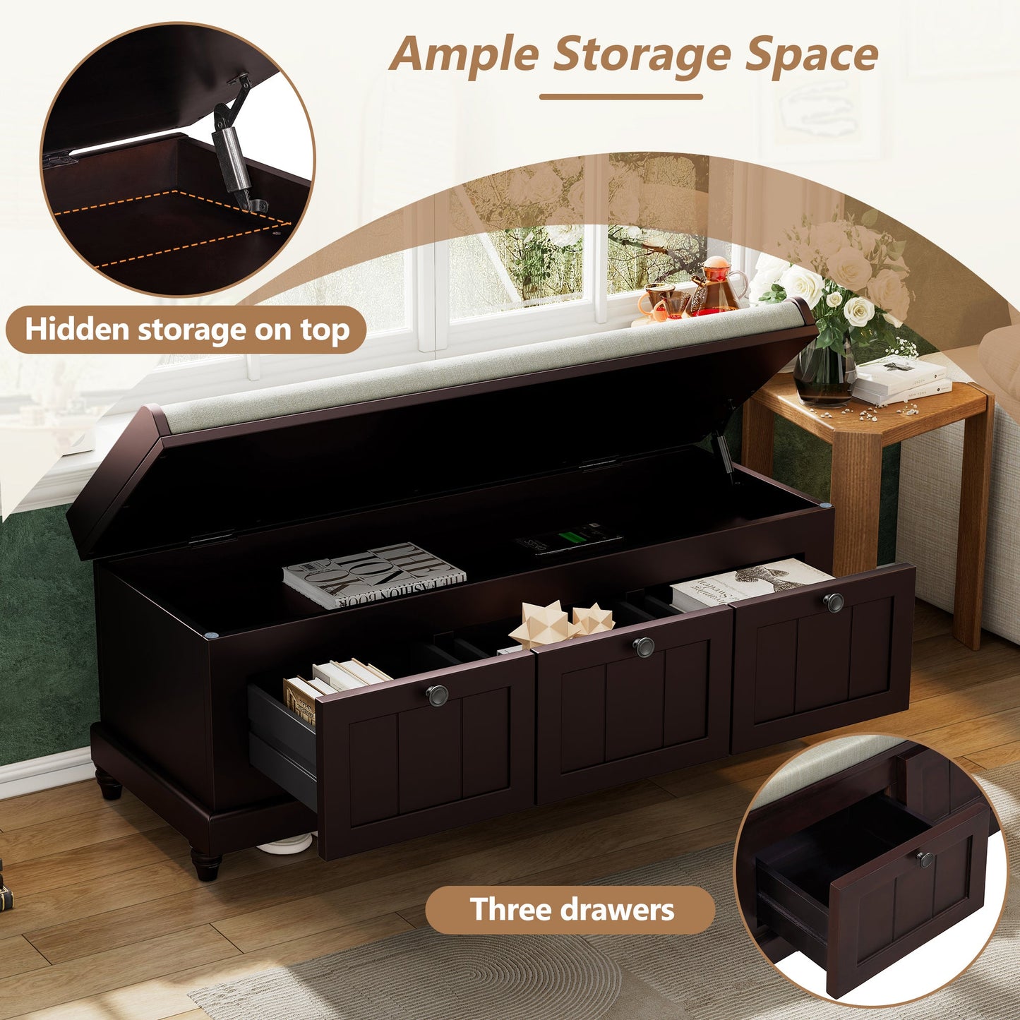 TREXM Classic Shoe Bench with Cushion and Three Drawers, Fluted Entryway Bench with Storage for Living Room, Entryway, and Hallways (Espresso, OLD SKU:N715P207812P ) - 1st Choice Furniture Direct
