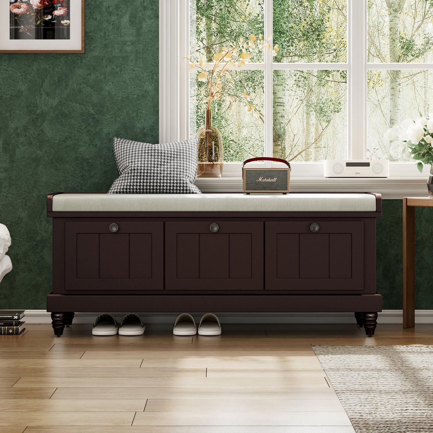 TREXM Classic Shoe Bench with Cushion and Three Drawers, Fluted Entryway Bench with Storage for Living Room, Entryway, and Hallways (Espresso, OLD SKU:N715P207812P ) - 1st Choice Furniture Direct