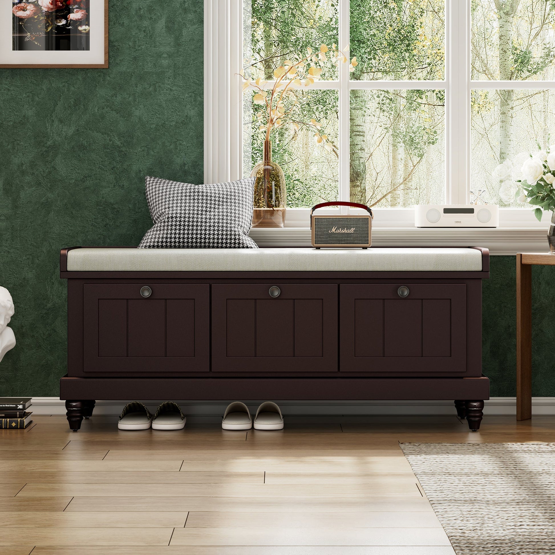 TREXM Classic Shoe Bench with Cushion and Three Drawers, Fluted Entryway Bench with Storage for Living Room, Entryway, and Hallways (Espresso, OLD SKU:N715P207812P ) - 1st Choice Furniture Direct
