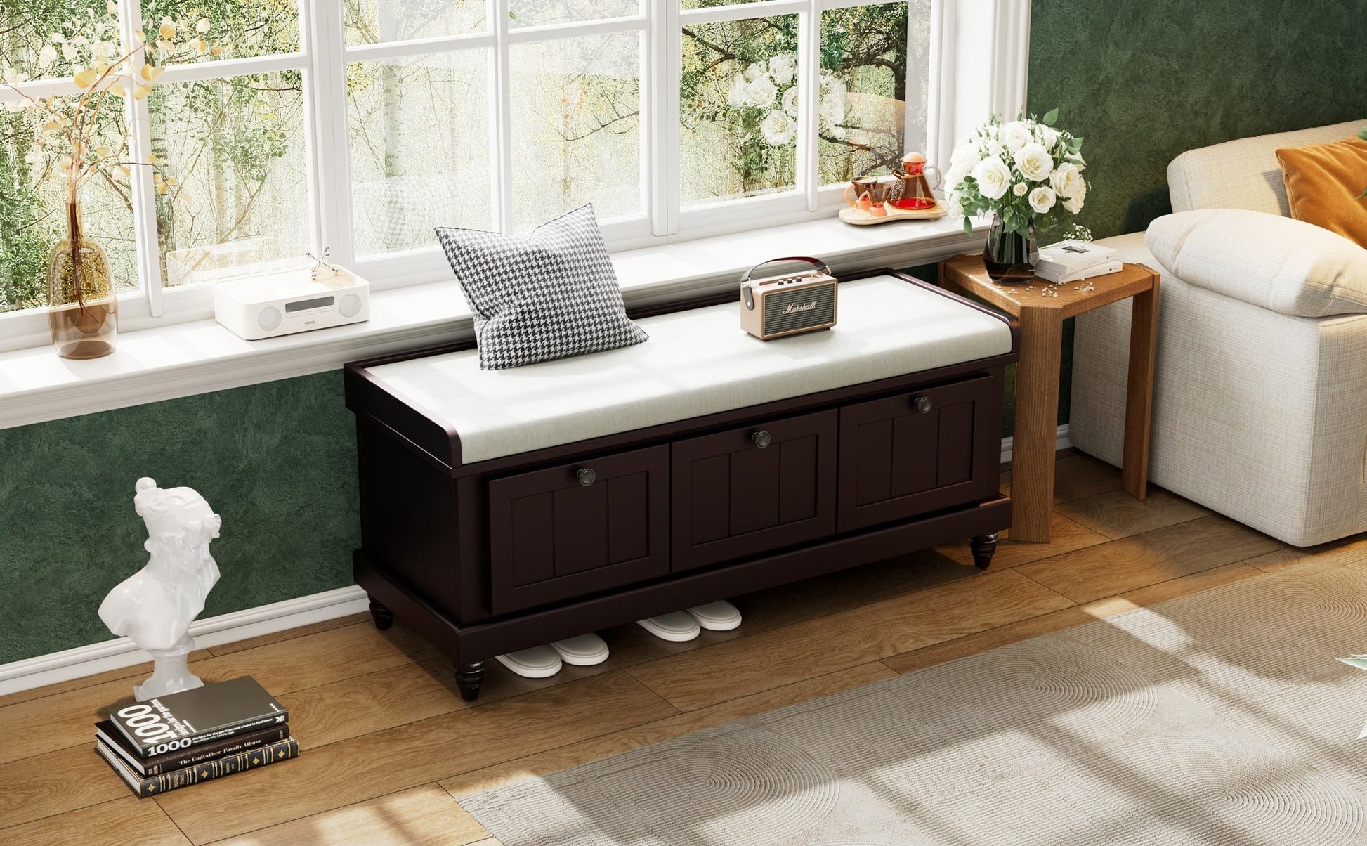 TREXM Classic Shoe Bench with Cushion and Three Drawers, Fluted Entryway Bench with Storage for Living Room, Entryway, and Hallways (Espresso, OLD SKU:N715P207812P ) - 1st Choice Furniture Direct