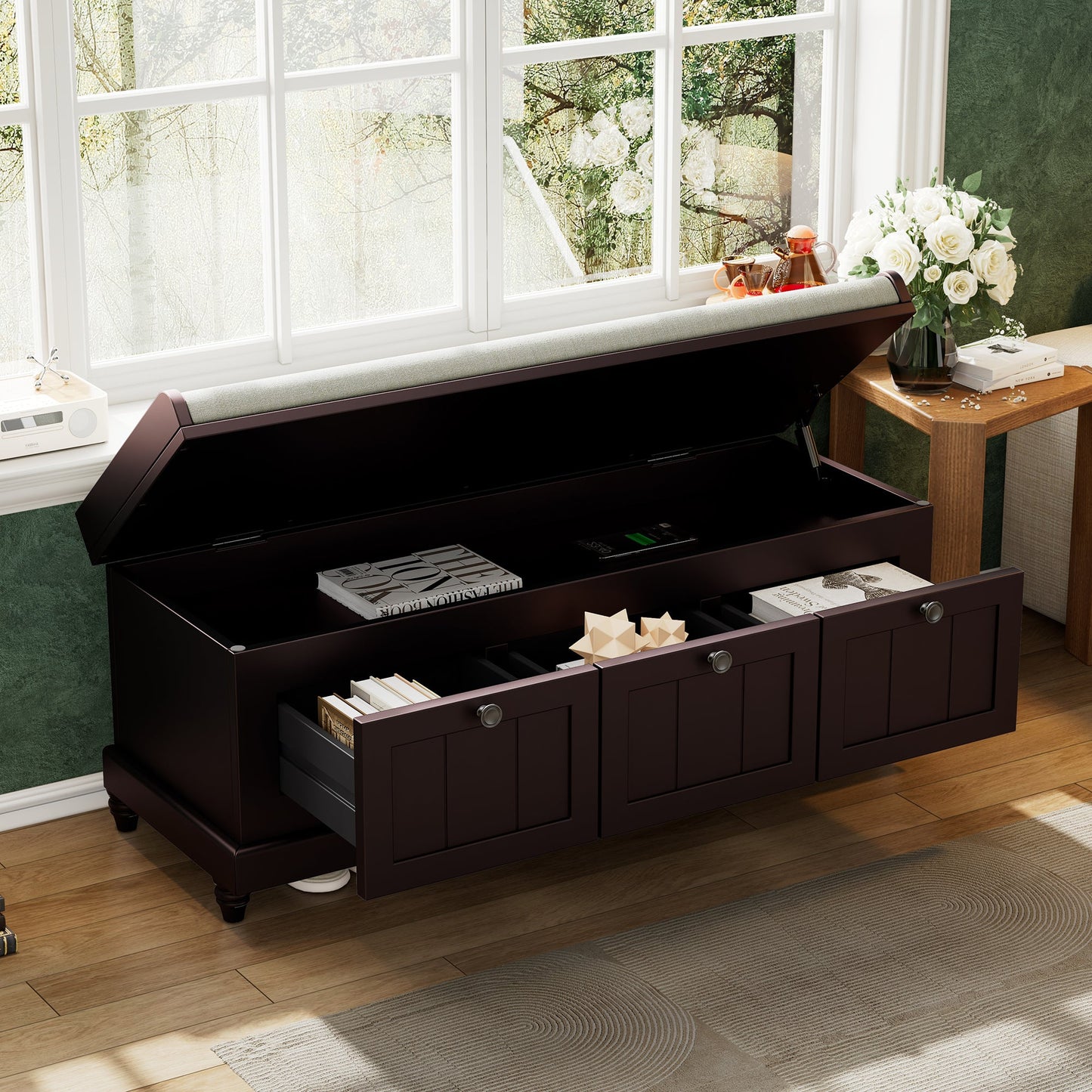TREXM Classic Shoe Bench with Cushion and Three Drawers, Fluted Entryway Bench with Storage for Living Room, Entryway, and Hallways (Espresso, OLD SKU:N715P207812P ) - 1st Choice Furniture Direct