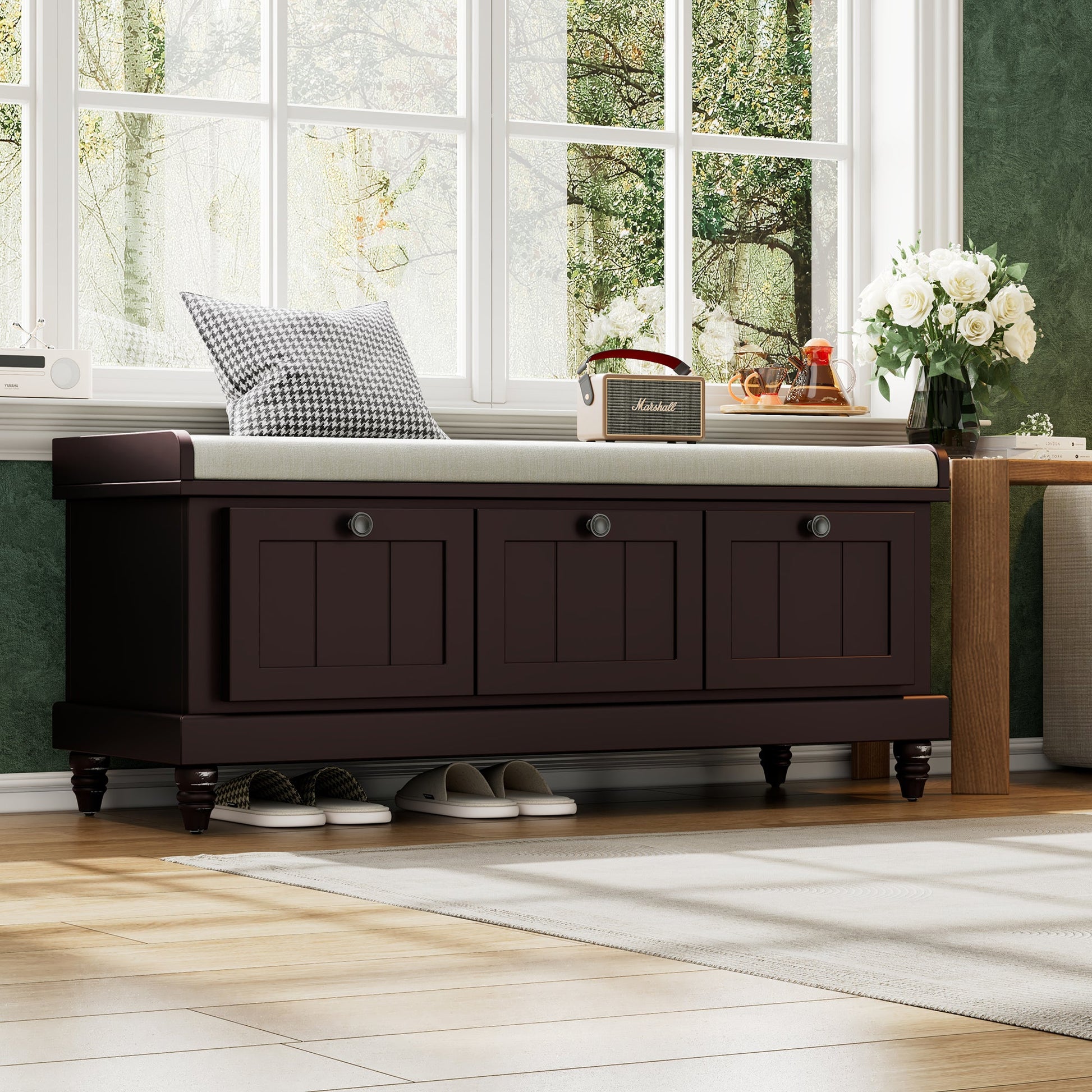 TREXM Classic Shoe Bench with Cushion and Three Drawers, Fluted Entryway Bench with Storage for Living Room, Entryway, and Hallways (Espresso, OLD SKU:N715P207812P ) - 1st Choice Furniture Direct