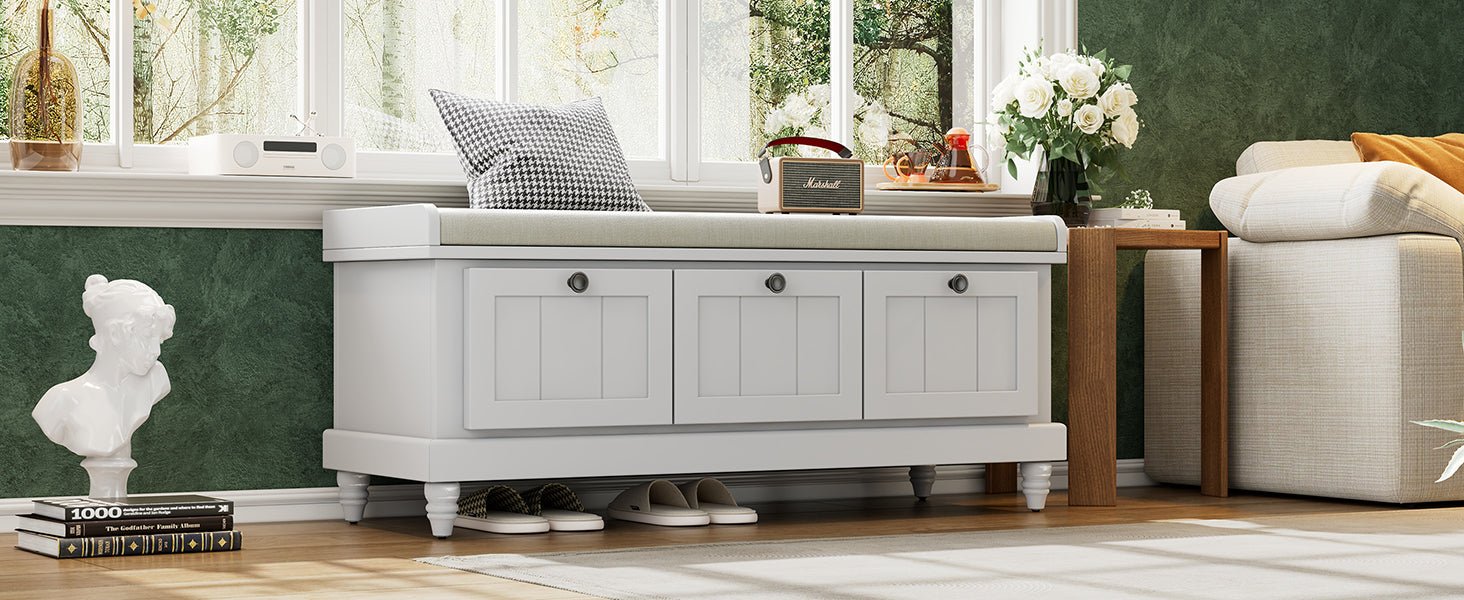 TREXM Classic Shoe Bench with Cushion and Three Drawers, Fluted Entryway Bench with Storage for Living Room, Entryway, and Hallways (Light Gray, OLD SKU: N715P207812E ) - 1st Choice Furniture Direct