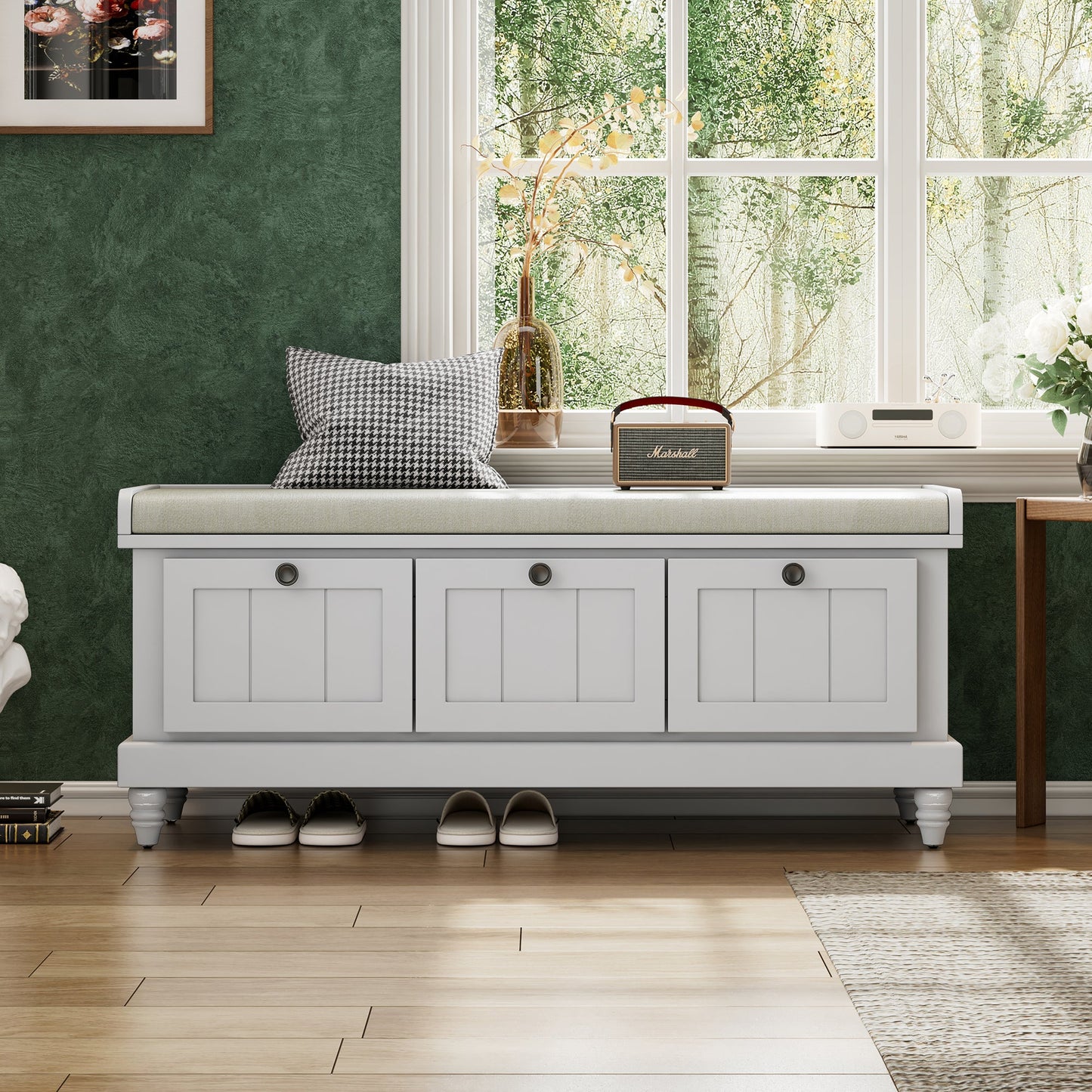TREXM Classic Shoe Bench with Cushion and Three Drawers, Fluted Entryway Bench with Storage for Living Room, Entryway, and Hallways (Light Gray, OLD SKU: N715P207812E ) - 1st Choice Furniture Direct