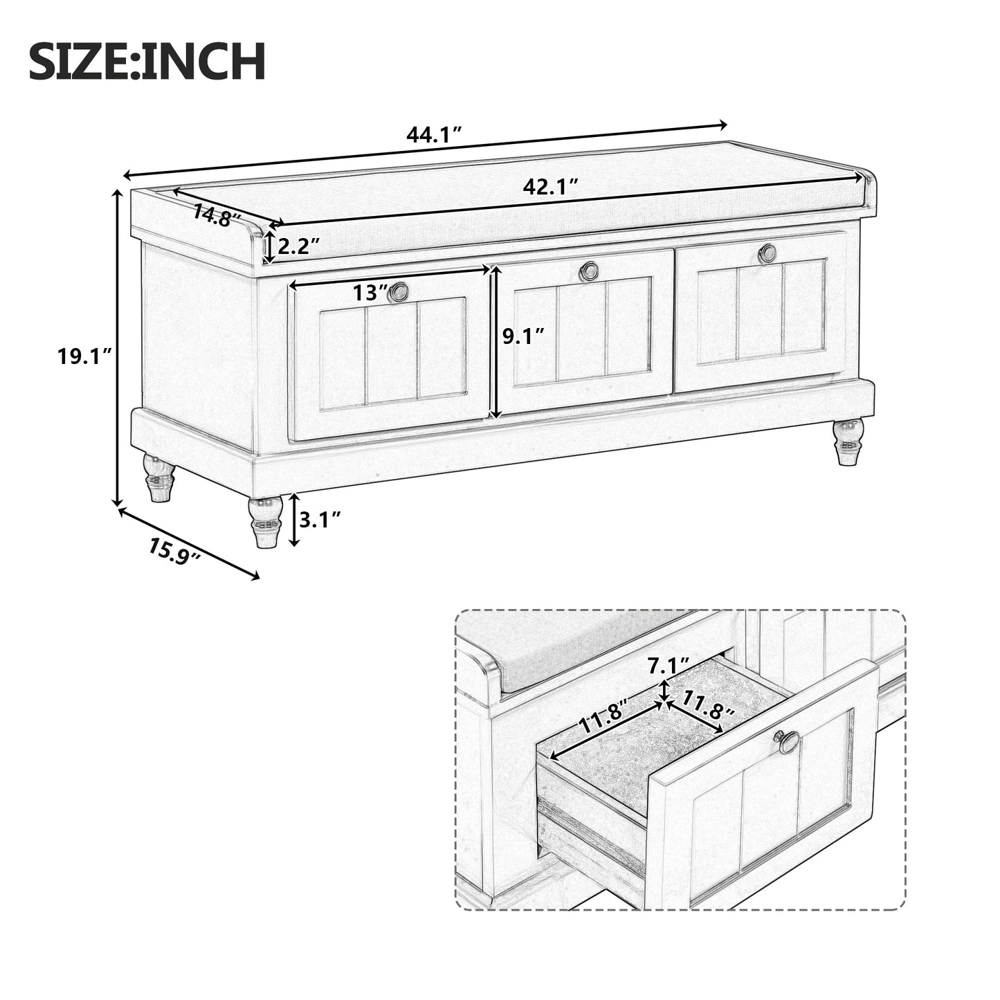 TREXM Classic Shoe Bench with Cushion and Three Drawers, Fluted Entryway Bench with Storage for Living Room, Entryway, and Hallways (Light Gray, OLD SKU: N715P207812E ) - 1st Choice Furniture Direct
