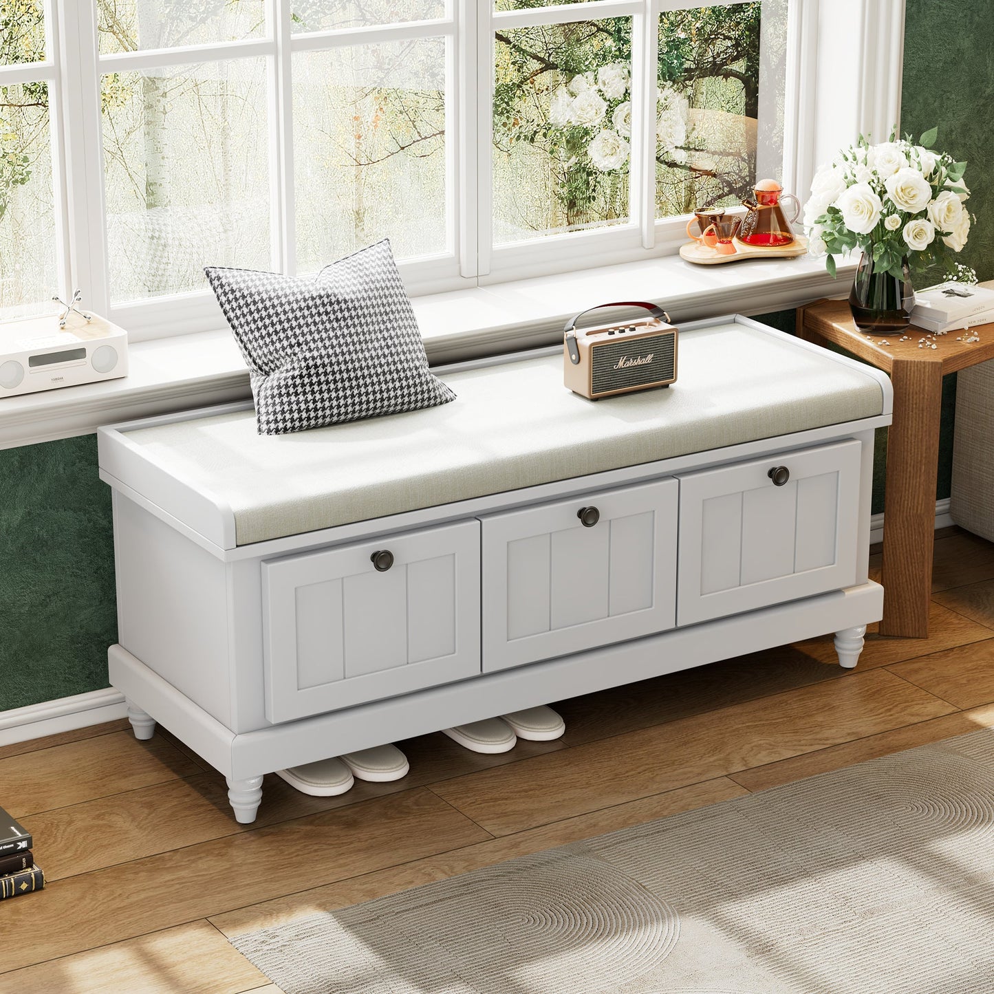 TREXM Classic Shoe Bench with Cushion and Three Drawers, Fluted Entryway Bench with Storage for Living Room, Entryway, and Hallways (Light Gray, OLD SKU: N715P207812E ) - 1st Choice Furniture Direct