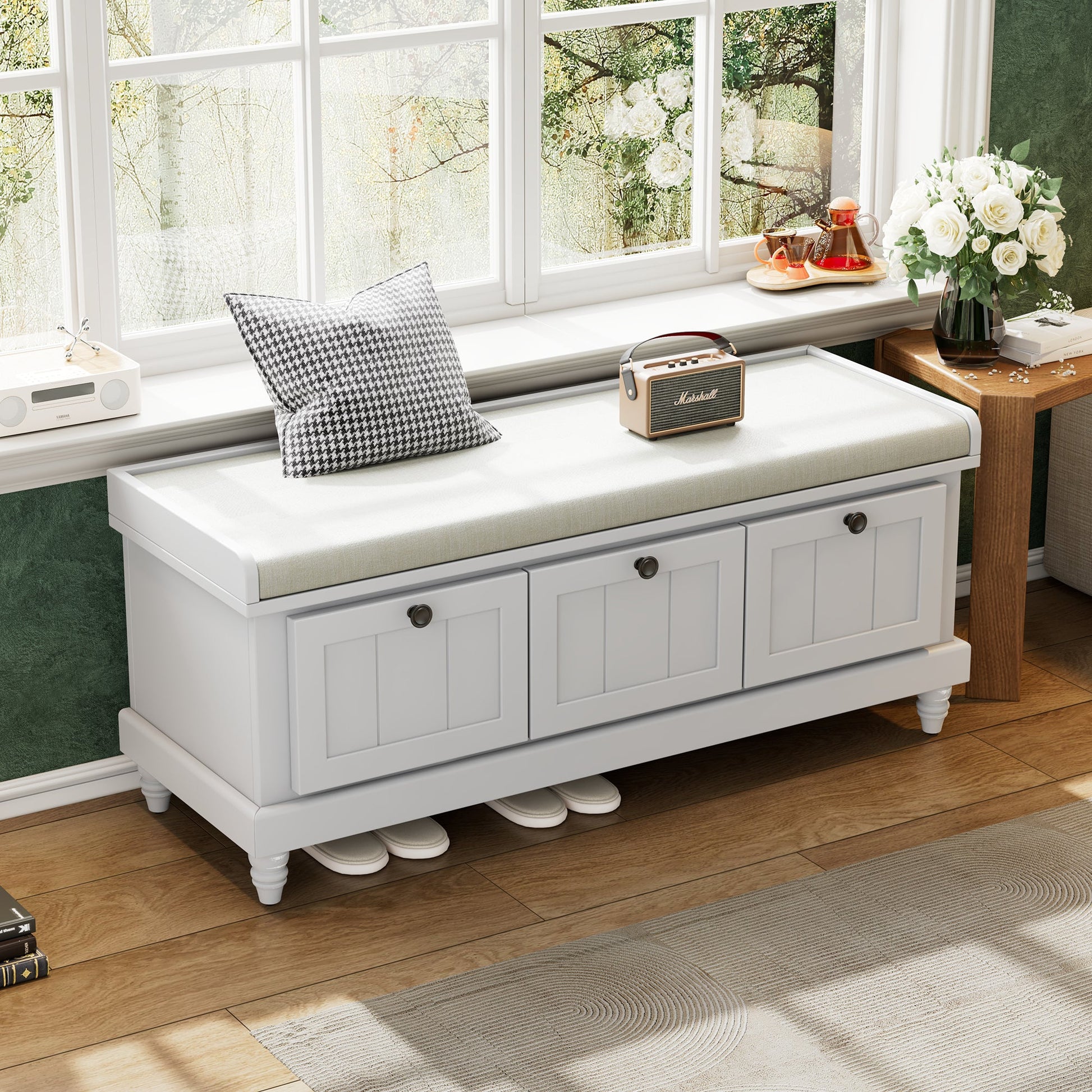 TREXM Classic Shoe Bench with Cushion and Three Drawers, Fluted Entryway Bench with Storage for Living Room, Entryway, and Hallways (Light Gray, OLD SKU: N715P207812E ) - 1st Choice Furniture Direct