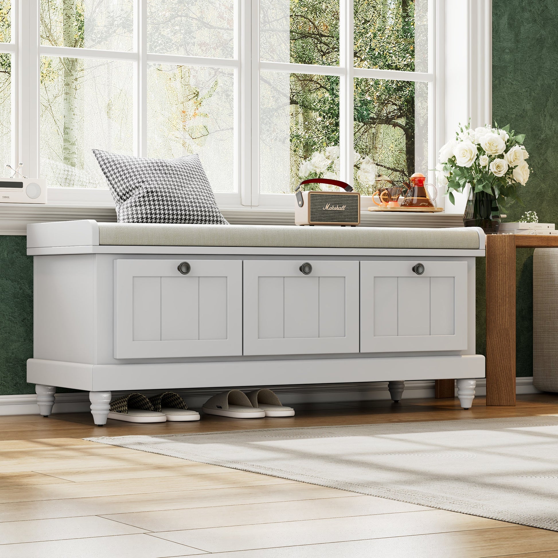 TREXM Classic Shoe Bench with Cushion and Three Drawers, Fluted Entryway Bench with Storage for Living Room, Entryway, and Hallways (Light Gray, OLD SKU: N715P207812E ) - 1st Choice Furniture Direct