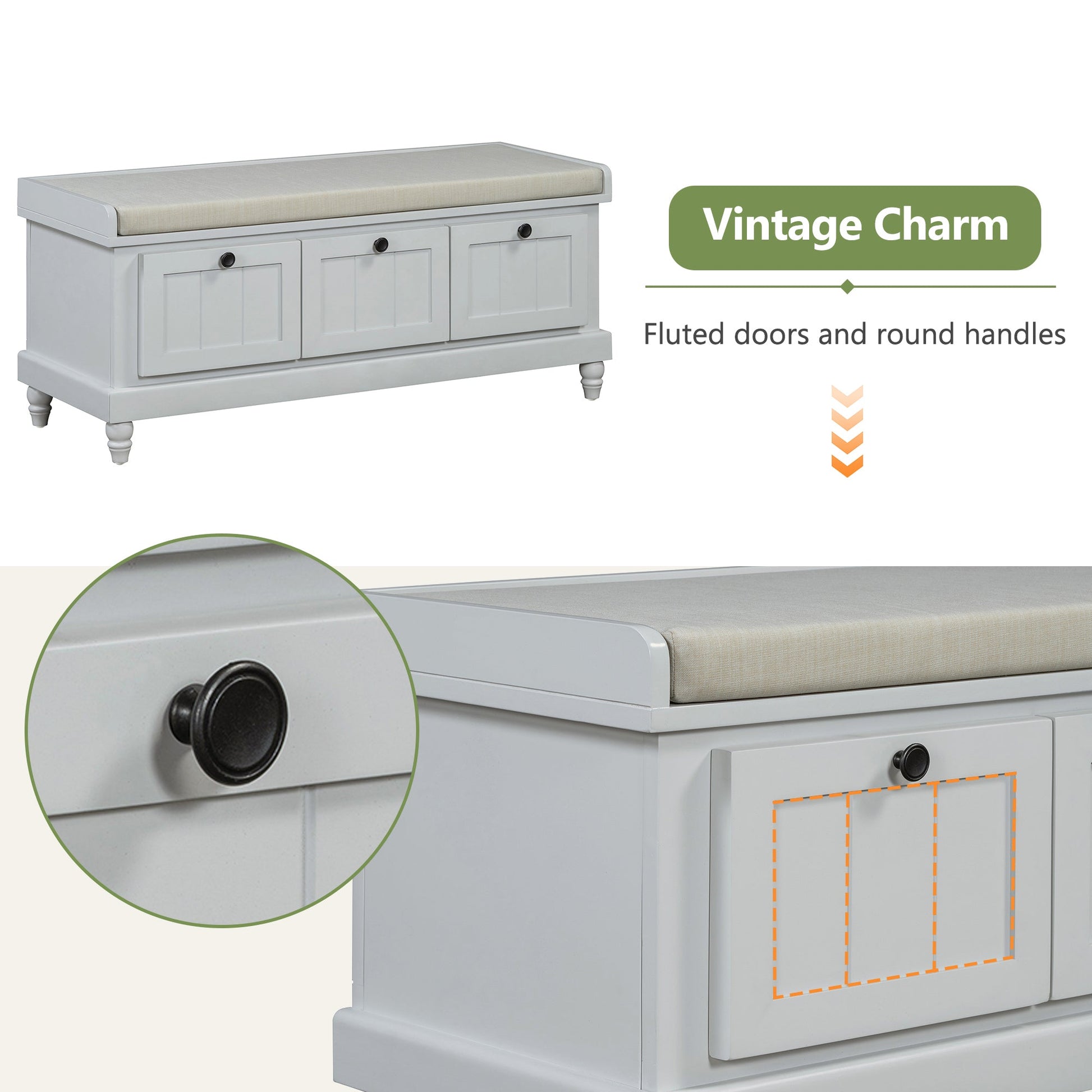 TREXM Classic Shoe Bench with Cushion and Three Drawers, Fluted Entryway Bench with Storage for Living Room, Entryway, and Hallways (Light Gray, OLD SKU: N715P207812E ) - 1st Choice Furniture Direct
