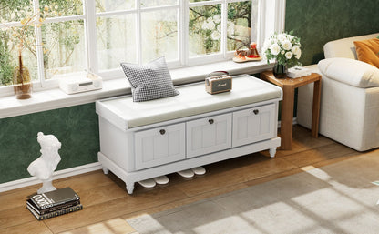 TREXM Classic Shoe Bench with Cushion and Three Drawers, Fluted Entryway Bench with Storage for Living Room, Entryway, and Hallways (Light Gray, OLD SKU: N715P207812E ) - 1st Choice Furniture Direct
