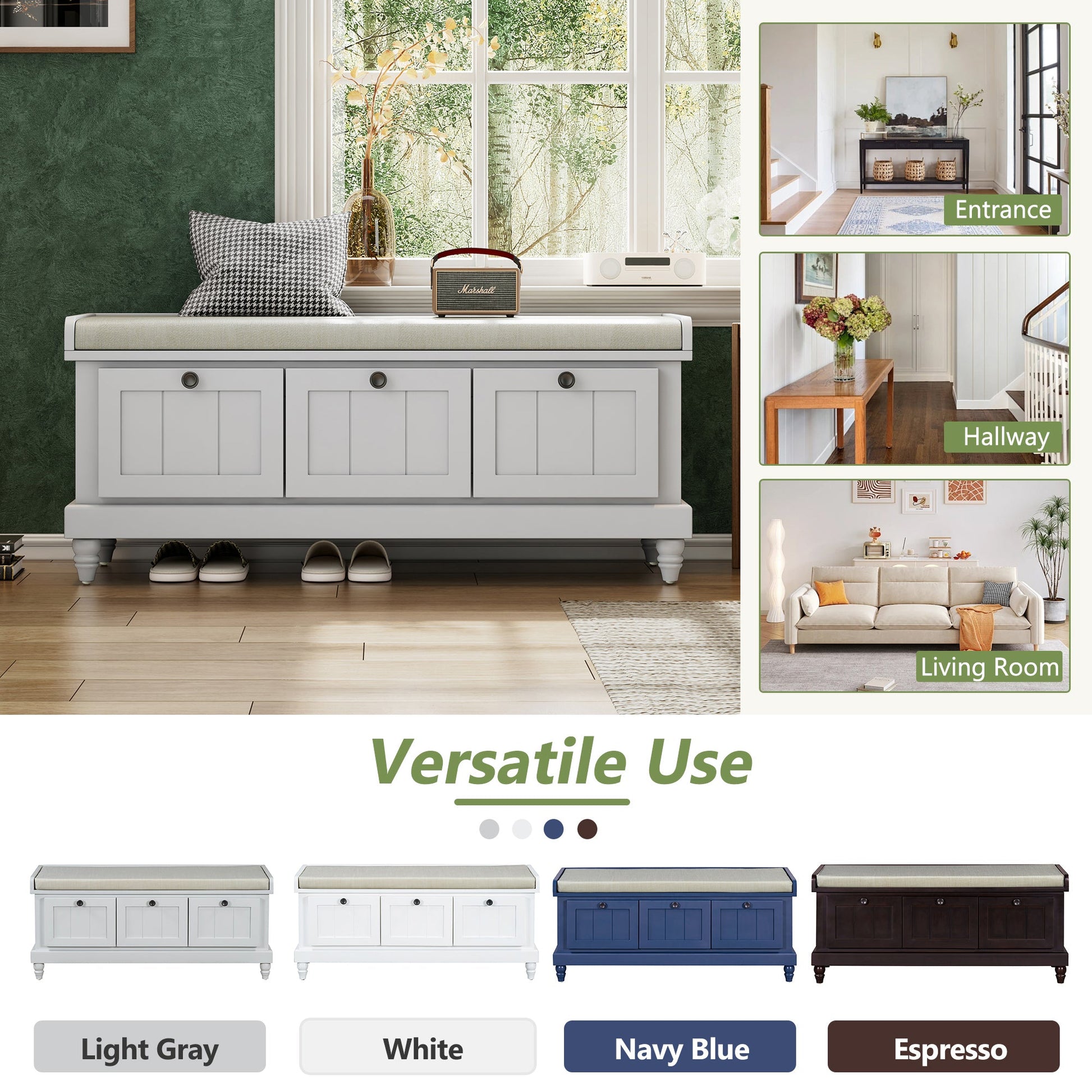 TREXM Classic Shoe Bench with Cushion and Three Drawers, Fluted Entryway Bench with Storage for Living Room, Entryway, and Hallways (Light Gray, OLD SKU: N715P207812E ) - 1st Choice Furniture Direct