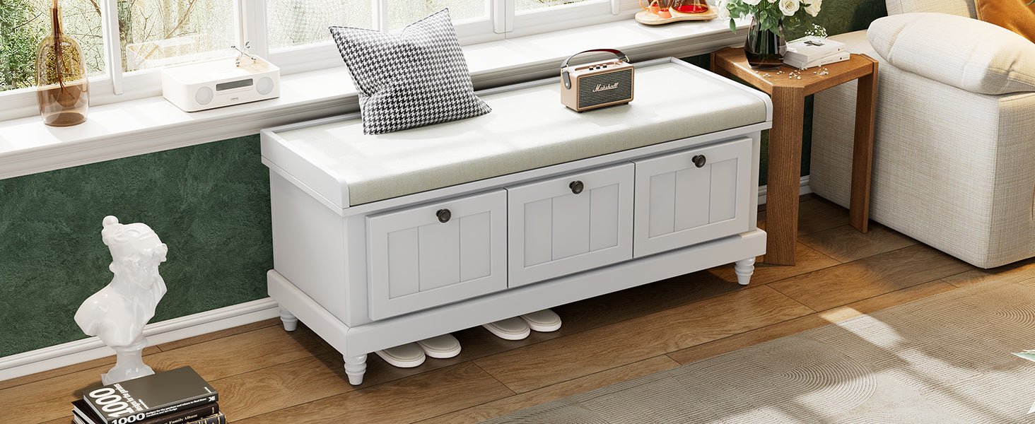 TREXM Classic Shoe Bench with Cushion and Three Drawers, Fluted Entryway Bench with Storage for Living Room, Entryway, and Hallways (Light Gray, OLD SKU: N715P207812E ) - 1st Choice Furniture Direct