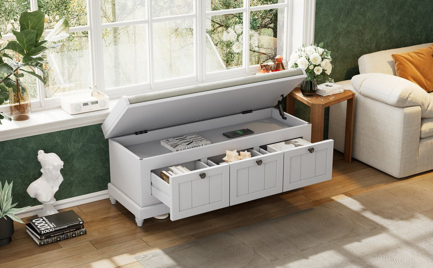 TREXM Classic Shoe Bench with Cushion and Three Drawers, Fluted Entryway Bench with Storage for Living Room, Entryway, and Hallways (Light Gray, OLD SKU: N715P207812E ) - 1st Choice Furniture Direct