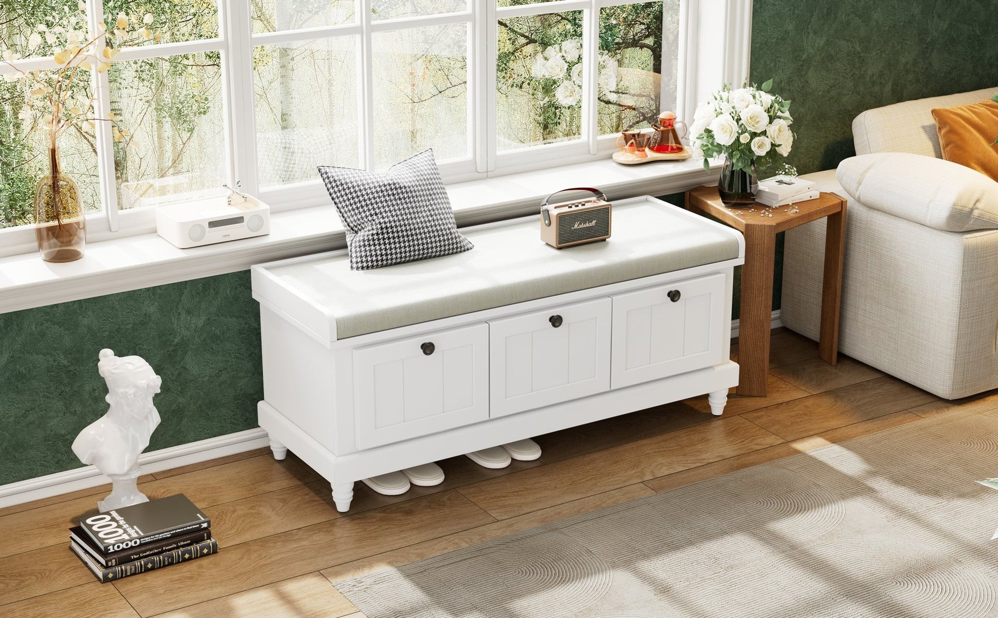 TREXM Classic Shoe Bench with Cushion and Three Drawers, Fluted Entryway Bench with Storage for Living Room, Entryway, and Hallways (White,OLD SKU: N715P207812K) - 1st Choice Furniture Direct