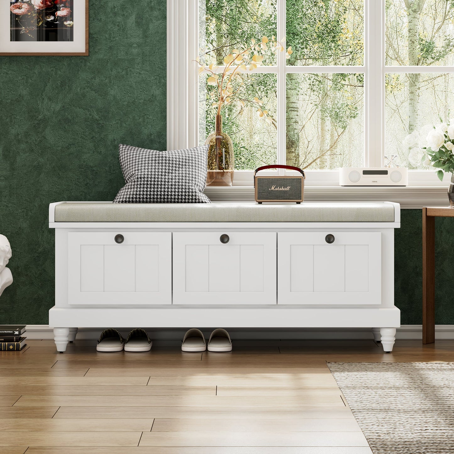 TREXM Classic Shoe Bench with Cushion and Three Drawers, Fluted Entryway Bench with Storage for Living Room, Entryway, and Hallways (White,OLD SKU: N715P207812K) - 1st Choice Furniture Direct