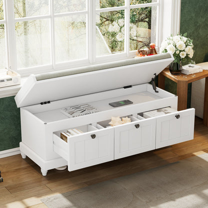 TREXM Classic Shoe Bench with Cushion and Three Drawers, Fluted Entryway Bench with Storage for Living Room, Entryway, and Hallways (White,OLD SKU: N715P207812K) - 1st Choice Furniture Direct