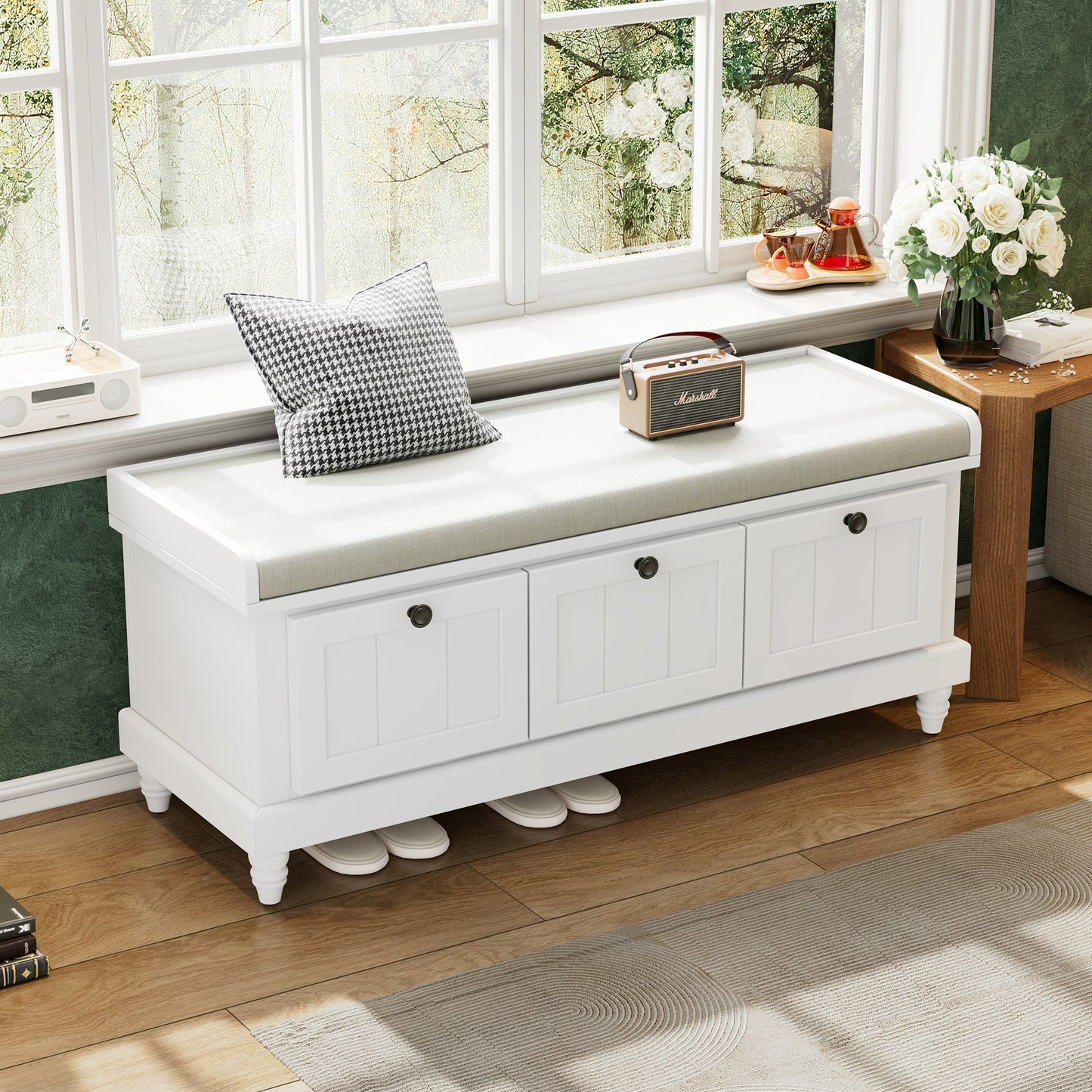 TREXM Classic Shoe Bench with Cushion and Three Drawers, Fluted Entryway Bench with Storage for Living Room, Entryway, and Hallways (White,OLD SKU: N715P207812K) - 1st Choice Furniture Direct