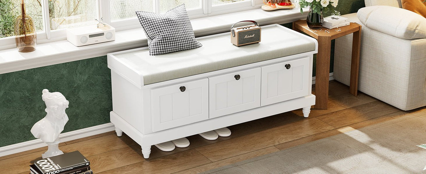 TREXM Classic Shoe Bench with Cushion and Three Drawers, Fluted Entryway Bench with Storage for Living Room, Entryway, and Hallways (White,OLD SKU: N715P207812K) - 1st Choice Furniture Direct